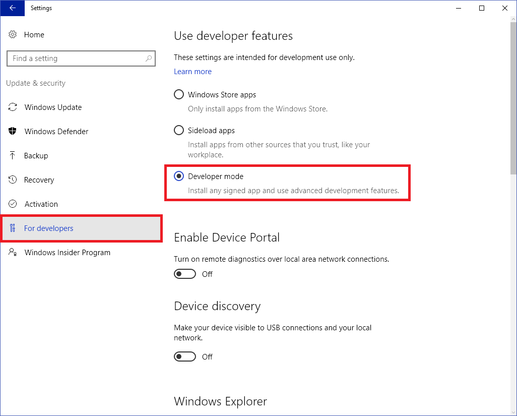 Enable developer mode in Windows 10